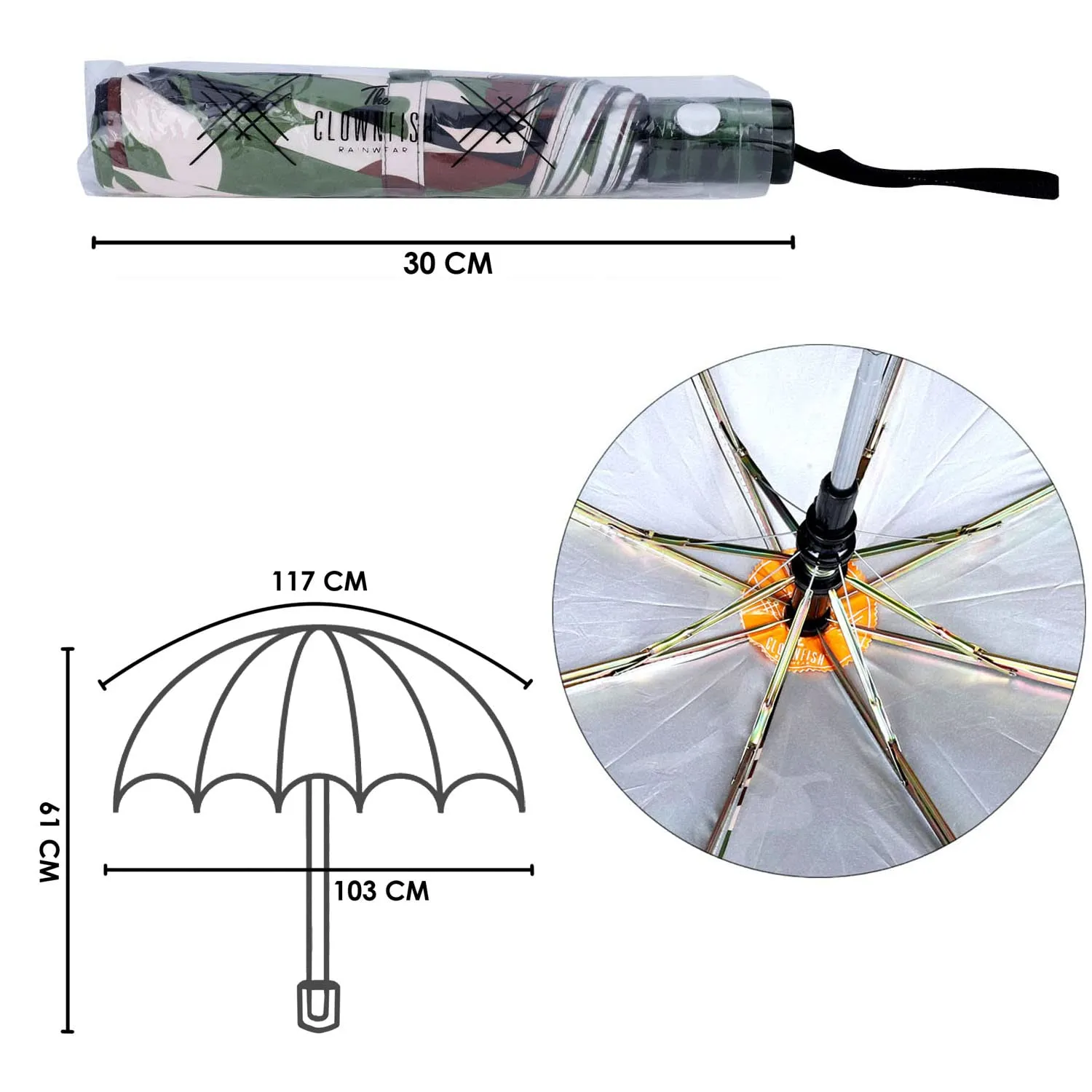 THE CLOWNFISH Umbrella 3 Fold Auto Open Waterproof Pongee Double Coated Silver Lined Umbrellas For Men and Women (Army Print- Dark Green)