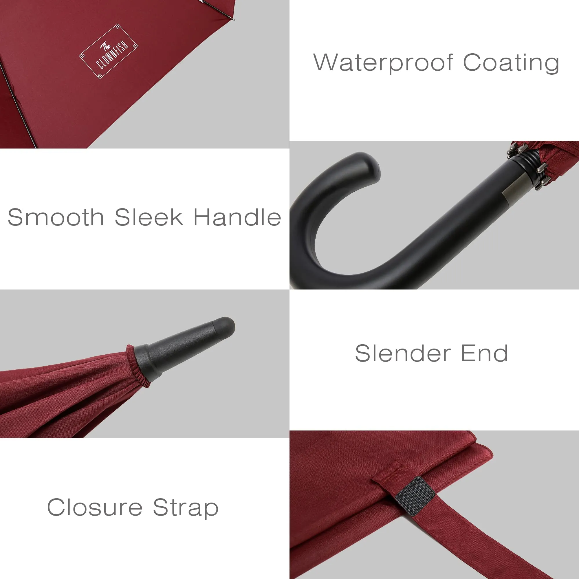 THE CLOWNFISH Umbrella Celebrity Series Single Fold Auto Open J- shape Handle Waterproof Pongee Umbrellas For Men and Women (Maroon)