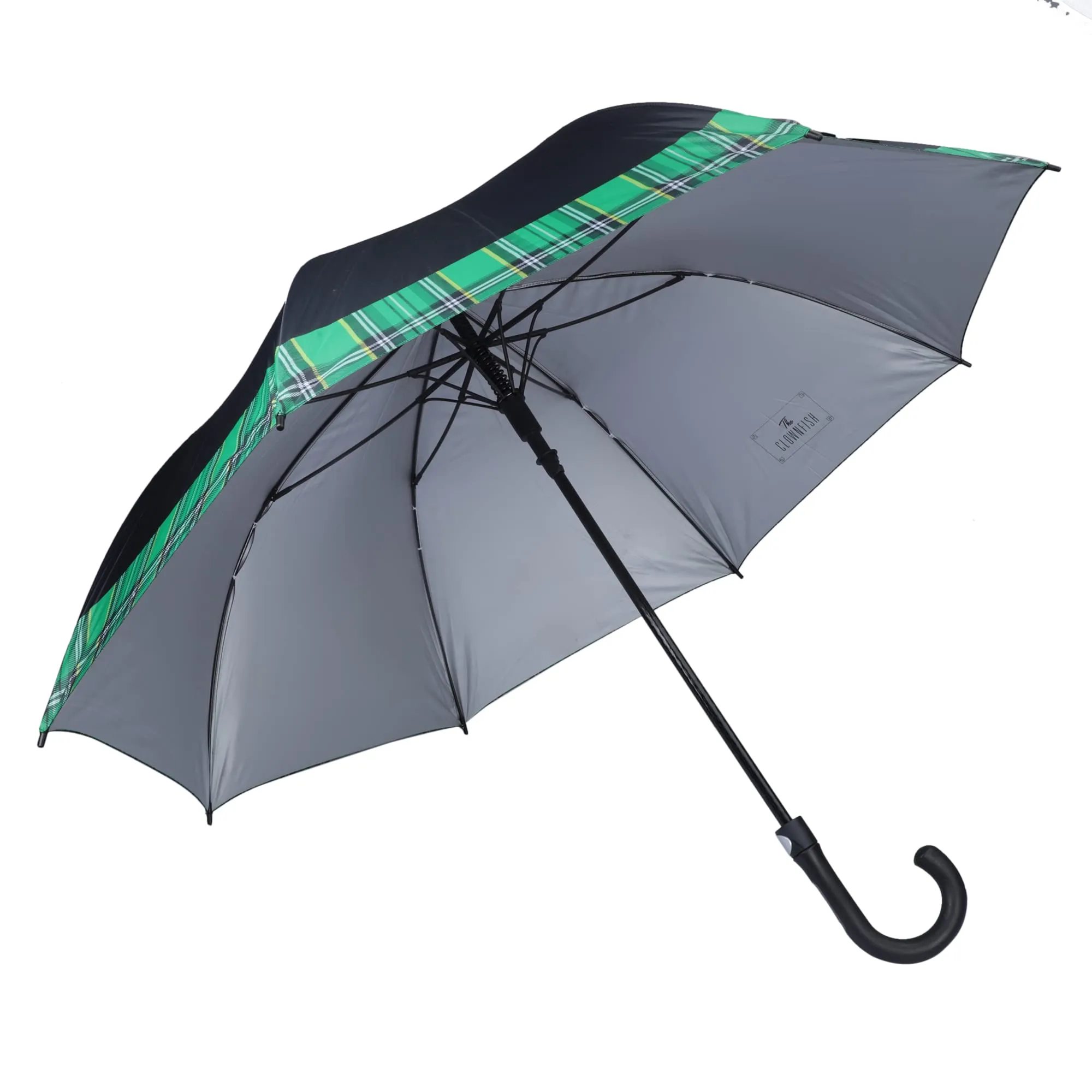 THE CLOWNFISH Umbrella Checks Border Series Single Fold Auto Open J- shape Handle Waterproof Taffeta Polyester 190 T Straight Umbrellas For Men and Women (Checks Border-Green)