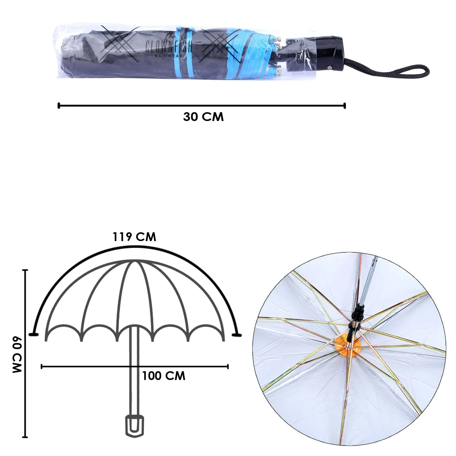 THE CLOWNFISH Umbrella Coloured Piping Series 3 Fold Auto Open Waterproof 190 T Polyester Double Coated Silver Lined Umbrellas For Men and Women (Coloured Piping-Blue)