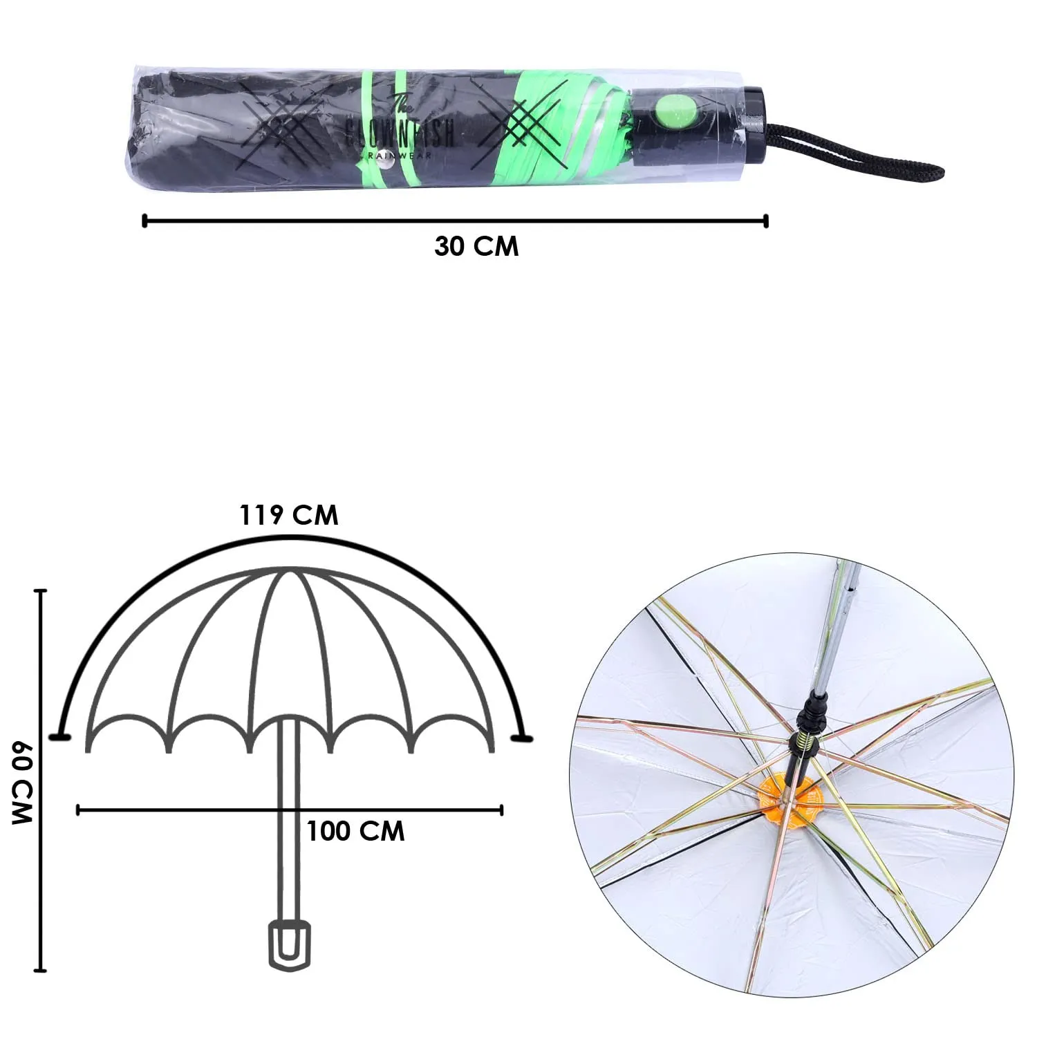 THE CLOWNFISH Umbrella Coloured Piping Series 3 Fold Auto Open Waterproof 190 T Polyester Double Coated Silver Lined Umbrellas For Men and Women (Coloured Piping-Fluoroscent Green)