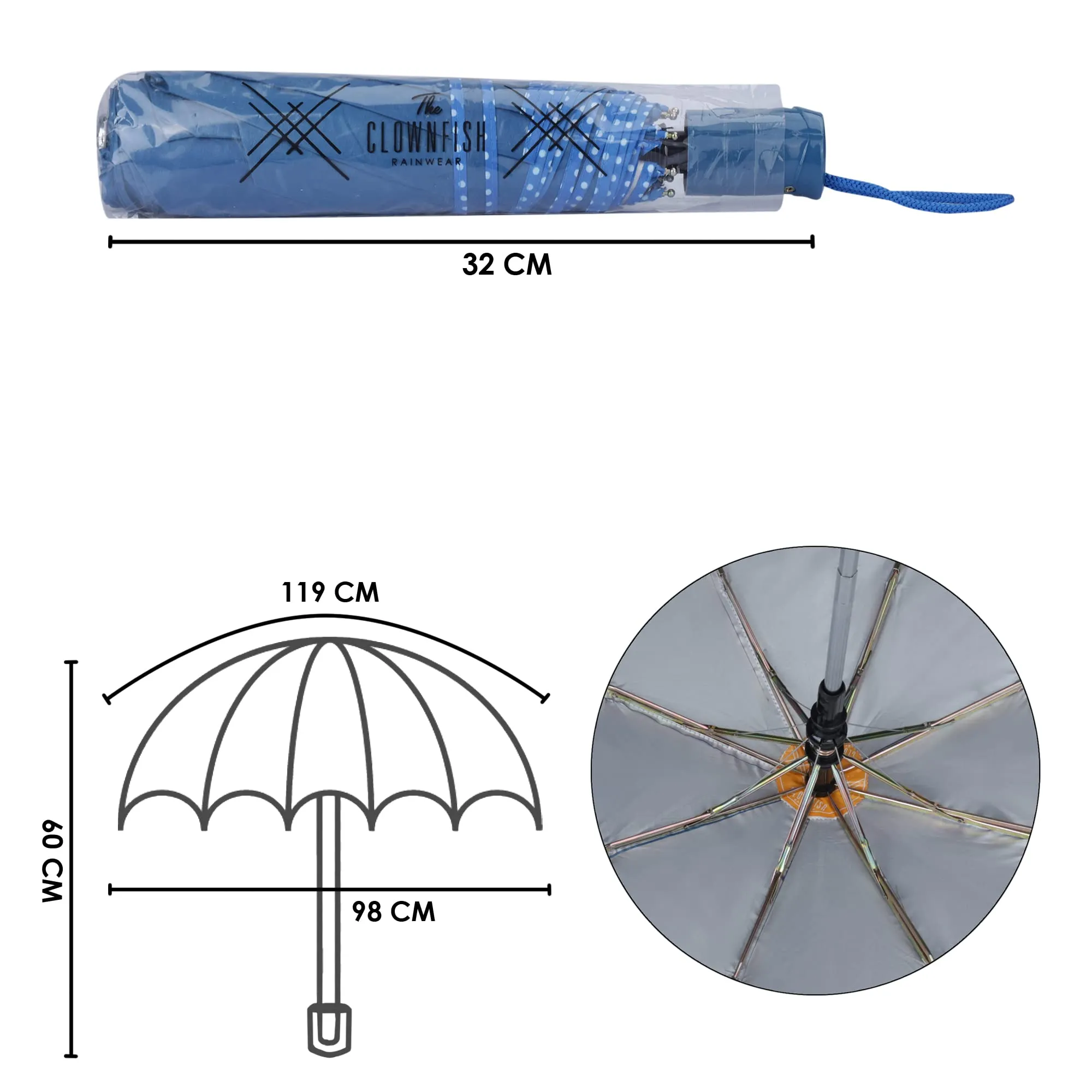 THE CLOWNFISH Umbrella Monochrome Series 3 Fold Auto Open Waterproof Water Repellent 190 T Polyester Double Coated Silver Lined Dotted Border Umbrellas For Men and Women (Dark Blue)