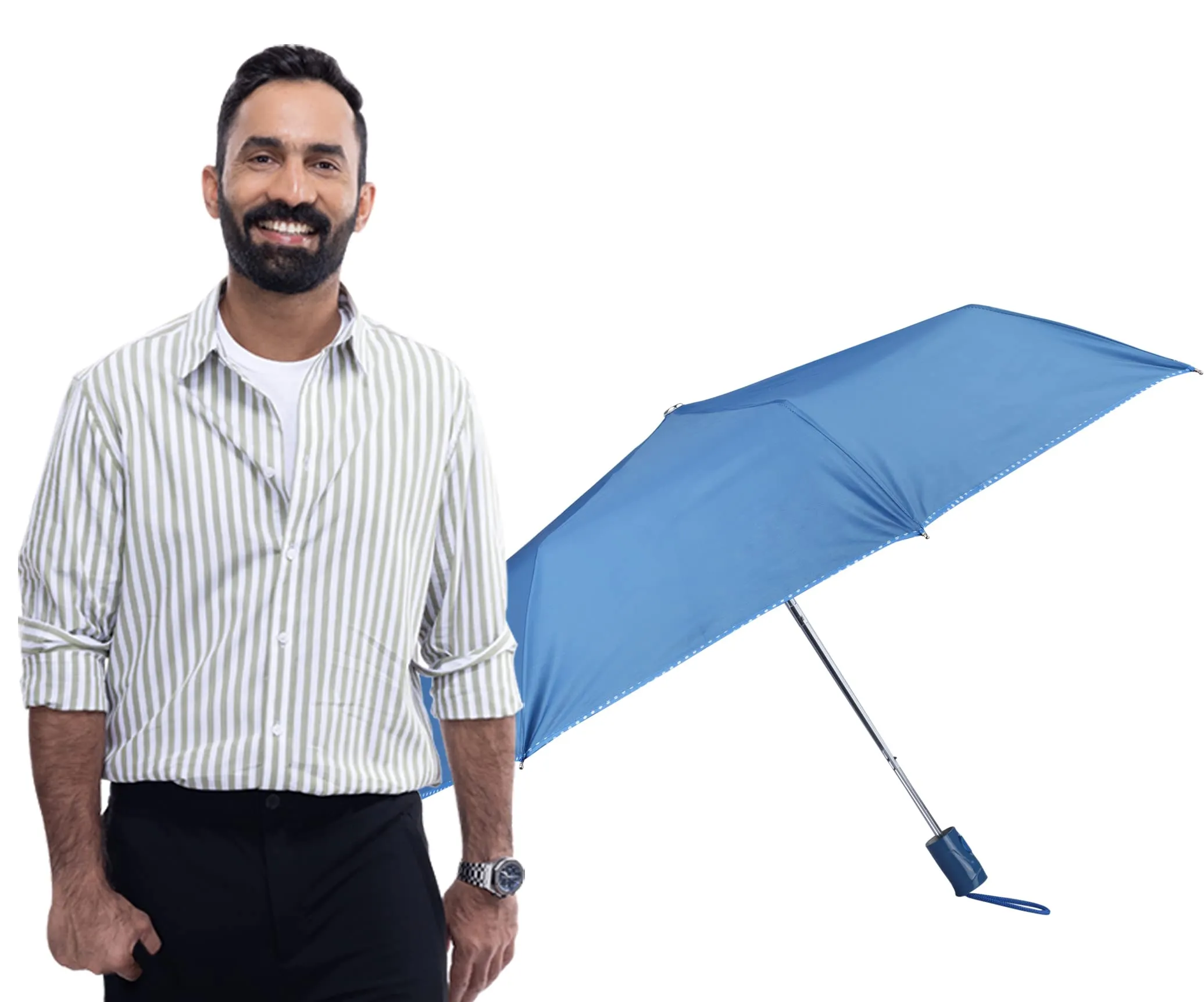 THE CLOWNFISH Umbrella Monochrome Series 3 Fold Auto Open Waterproof Water Repellent 190 T Polyester Double Coated Silver Lined Dotted Border Umbrellas For Men and Women (Dark Blue)