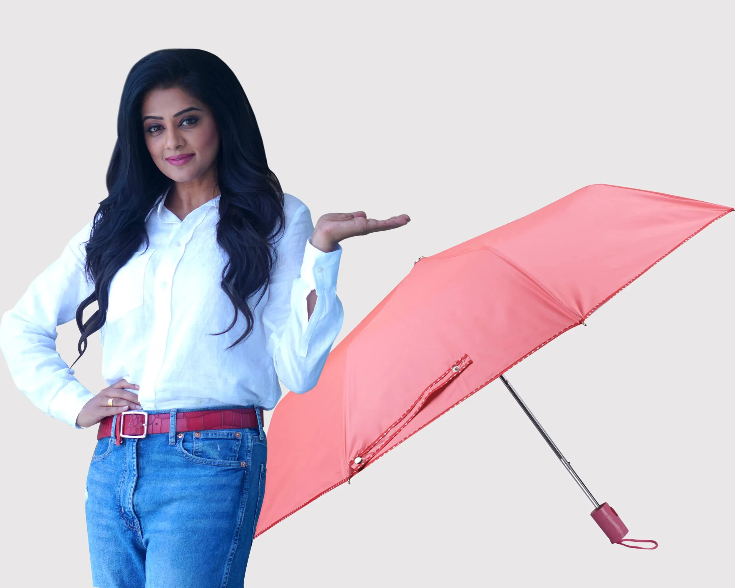 THE CLOWNFISH Umbrella Monochrome Series 3 Fold Auto Open Waterproof Water Repellent 190 T Polyester Double Coated Silver Lined Dotted Border Umbrellas For Men and Women (Dark Peach)