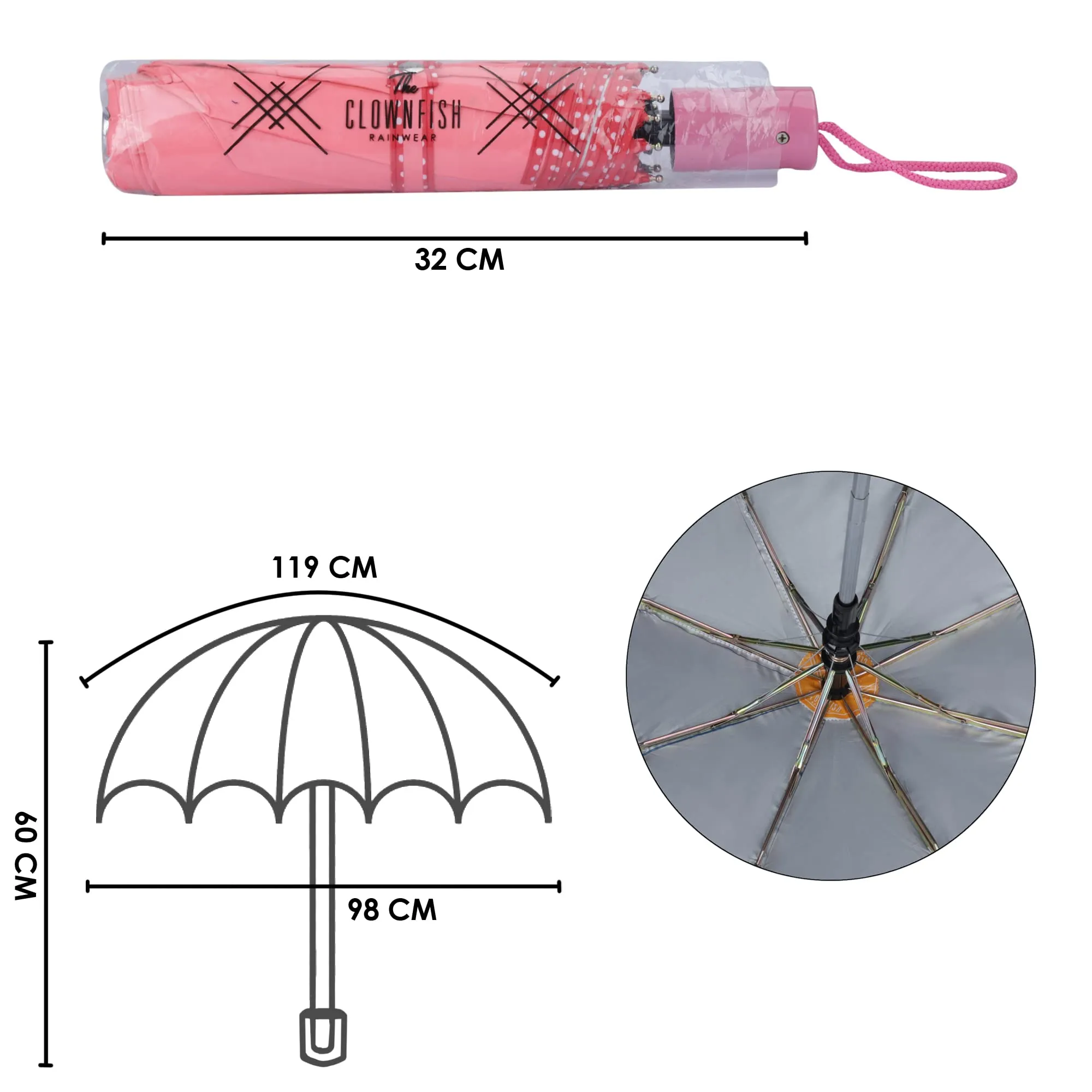 THE CLOWNFISH Umbrella Monochrome Series 3 Fold Auto Open Waterproof Water Repellent 190 T Polyester Double Coated Silver Lined Dotted Border Umbrellas For Men and Women (Dark Peach)