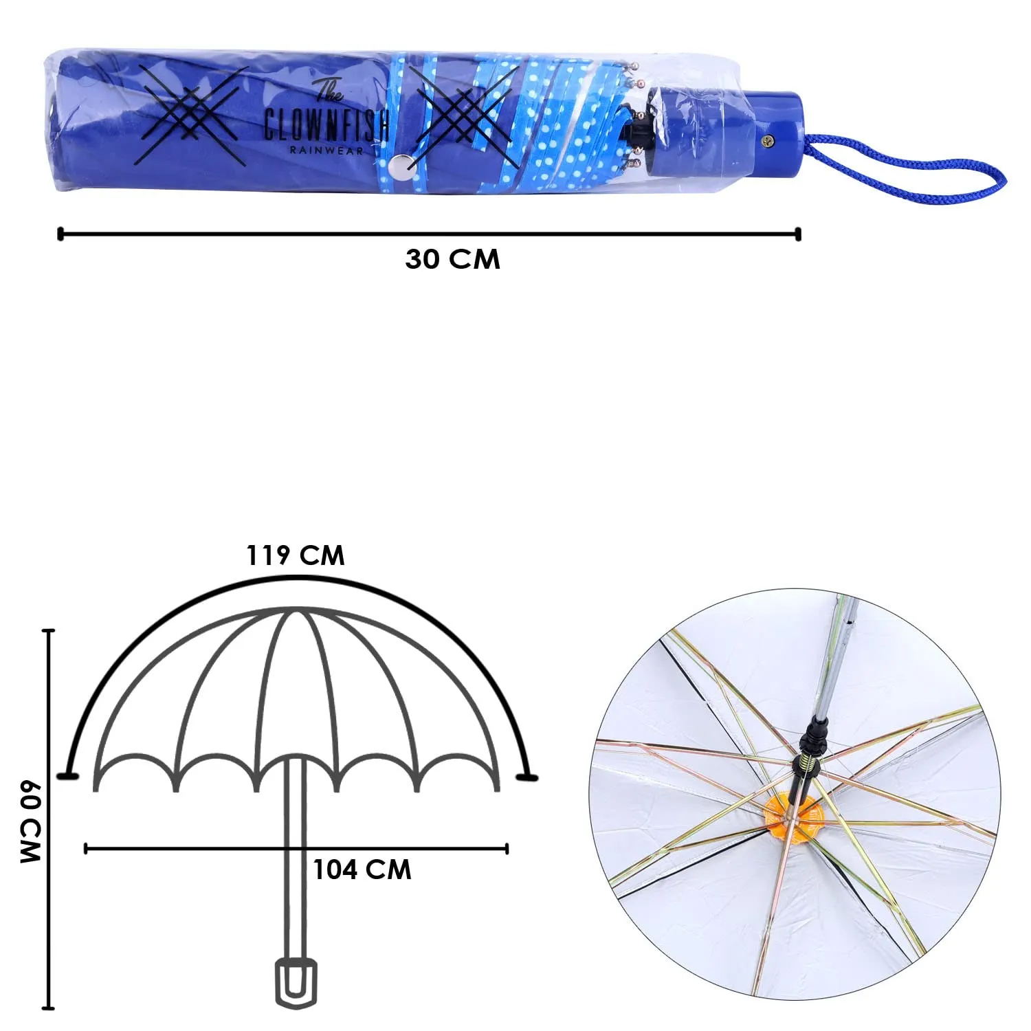 THE CLOWNFISH Umbrella Monochrome Series 3 Fold Auto Open Waterproof Water Repellent 190 T Polyester Double Coated Silver Lined Dotted Border Umbrellas For Men and Women (Ink Blue)