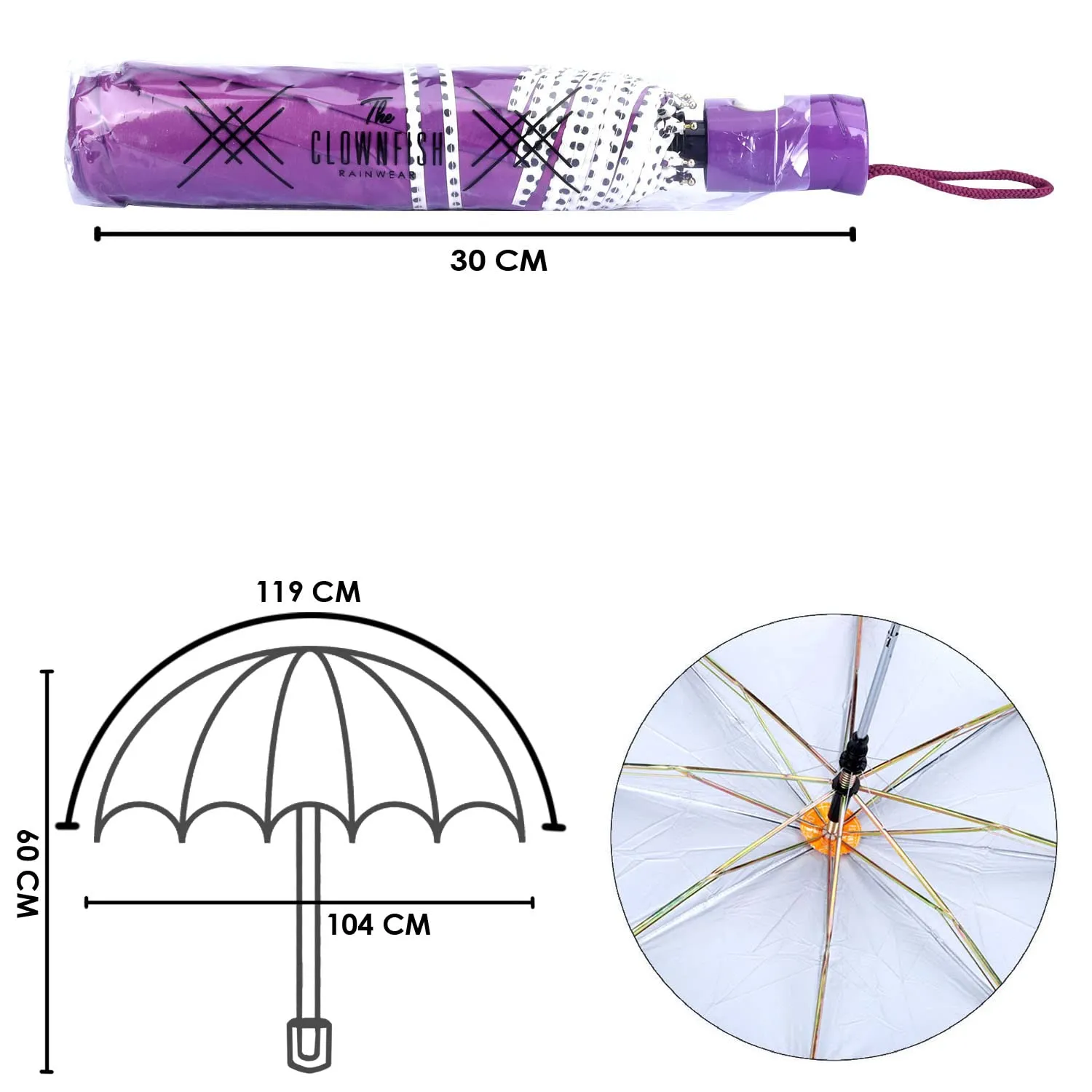 THE CLOWNFISH Umbrella Monochrome Series 3 Fold Auto Open Waterproof Water Repellent 190 T Polyester Double Coated Silver Lined Dotted Border Umbrellas For Men and Women (Violet)