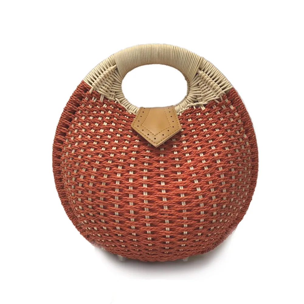 Top Handle Wicker Handbag in Round Shape