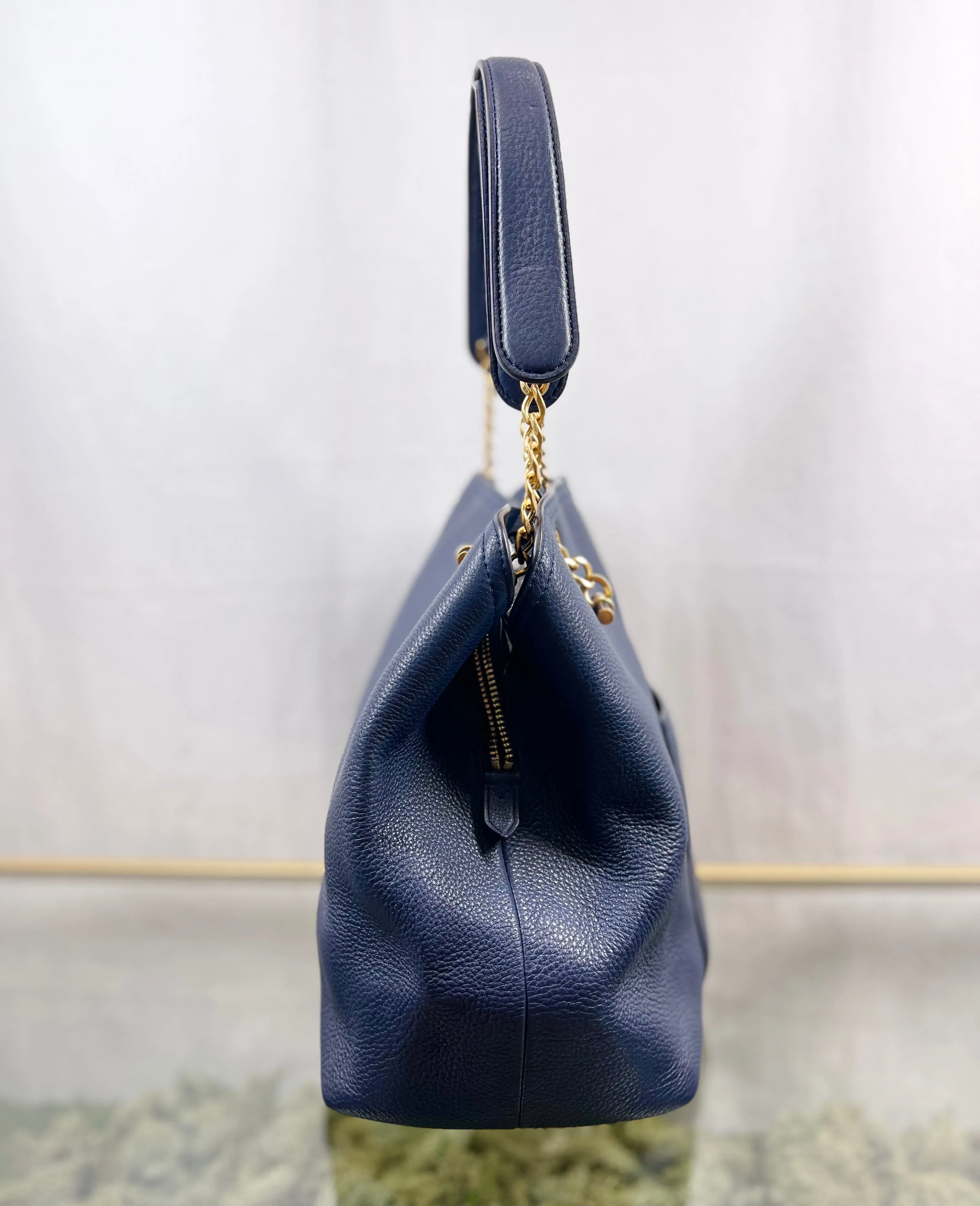 TORY BURCH Chelsea Slouchy Navy Blue Pebbled Leather Tote Bag