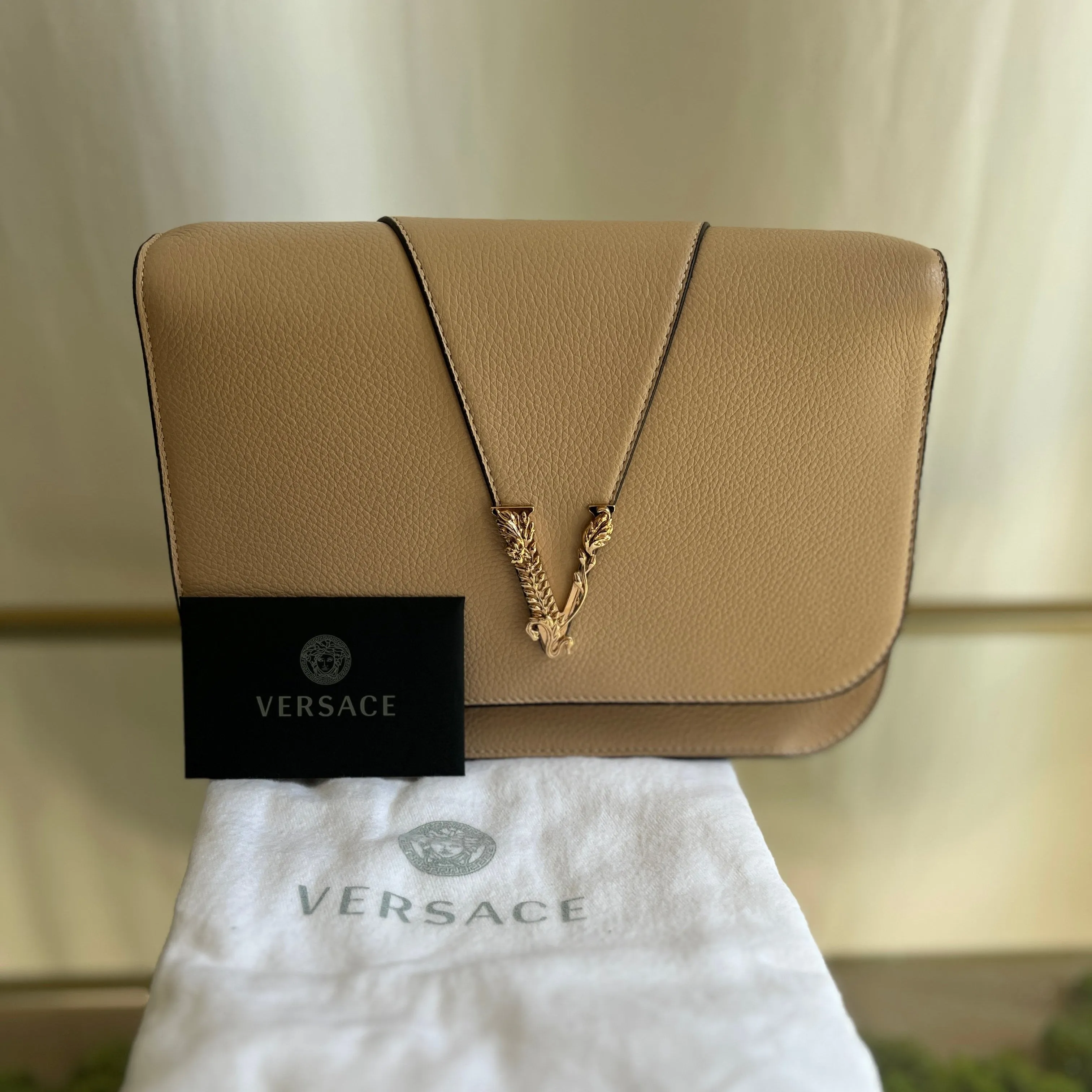 VERSACE Virtus Beige Leather Chain Flap Shoulder Bag