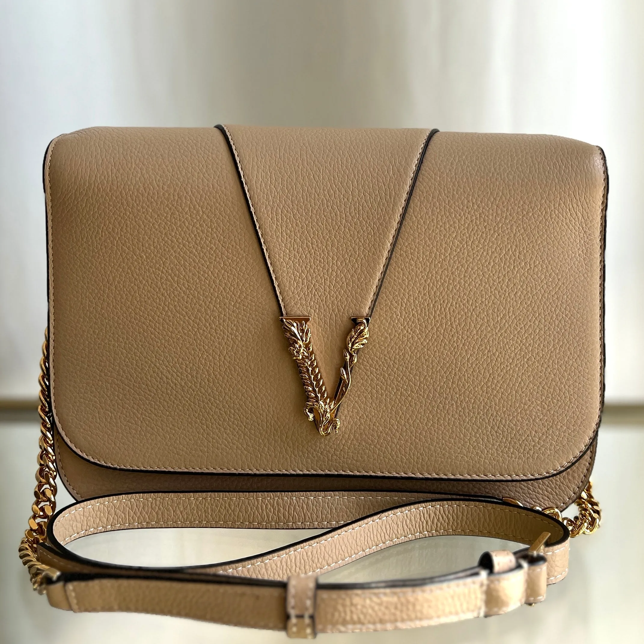 VERSACE Virtus Beige Leather Chain Flap Shoulder Bag