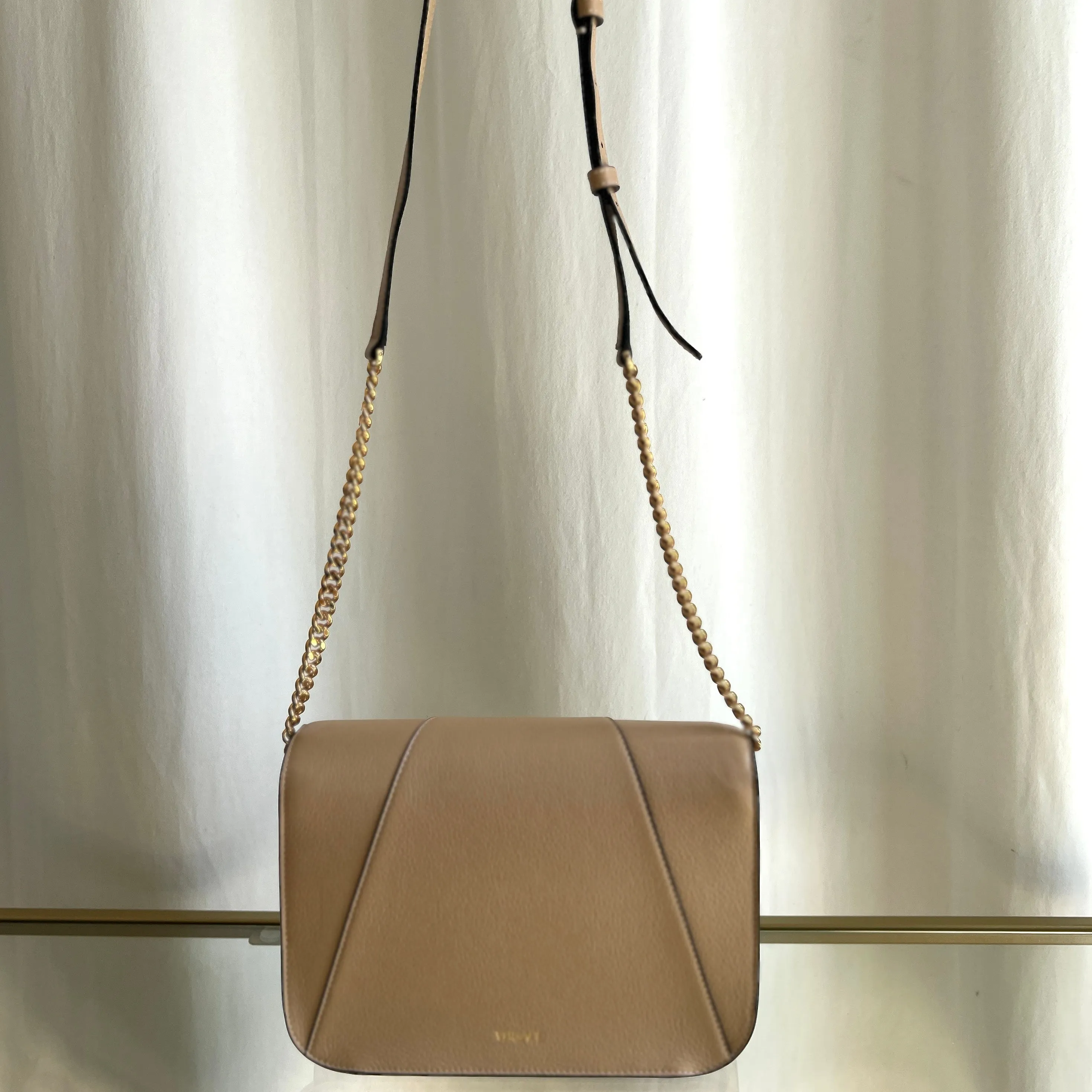 VERSACE Virtus Beige Leather Chain Flap Shoulder Bag