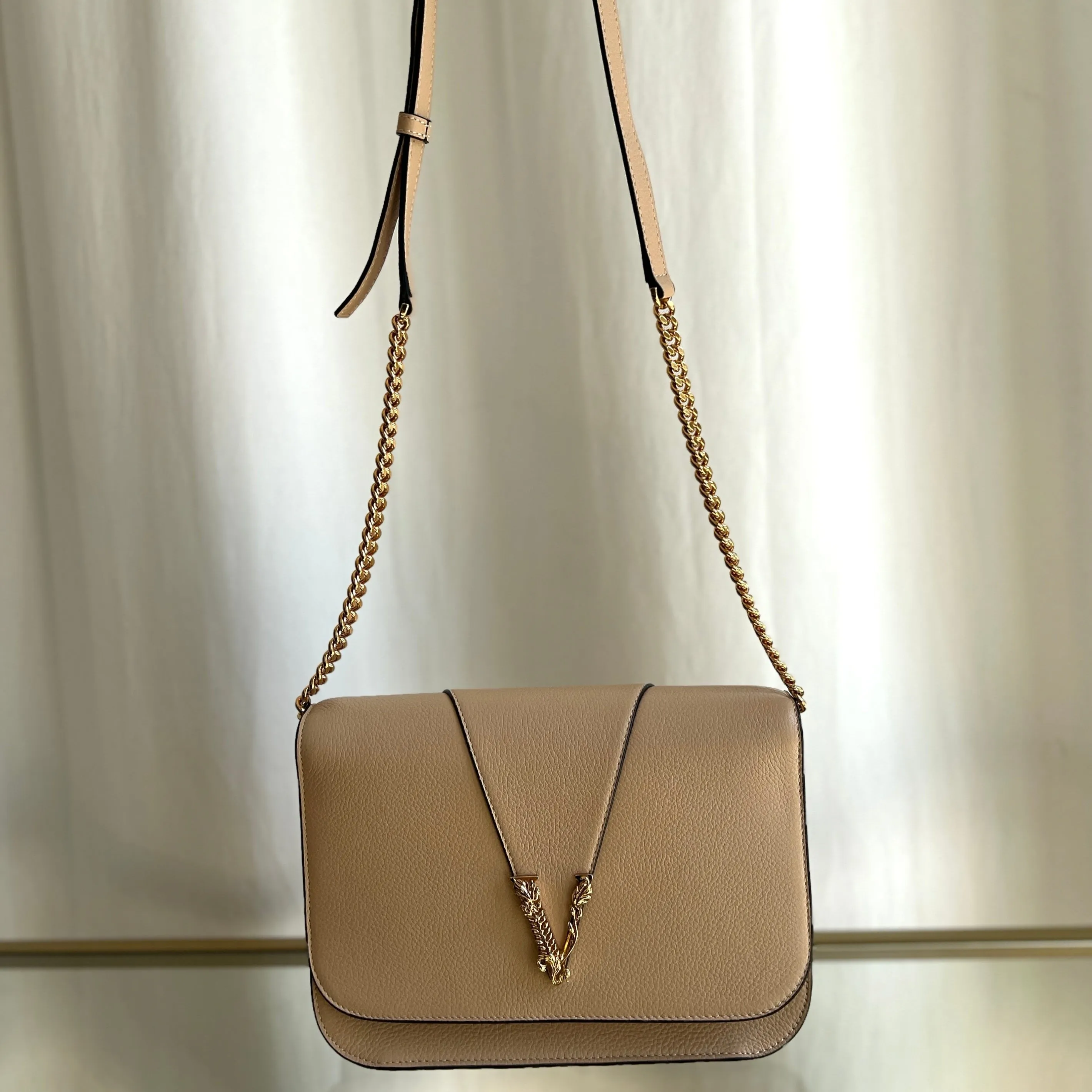 VERSACE Virtus Beige Leather Chain Flap Shoulder Bag